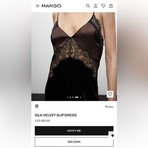 Mango Brown Silk Velvet Slip Dress with Black Lace Trim